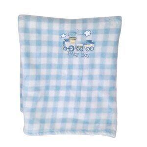 Small Wonders Train Baby Boy Blue Plaid Baby Lovey Security Blanket 39" X 29"